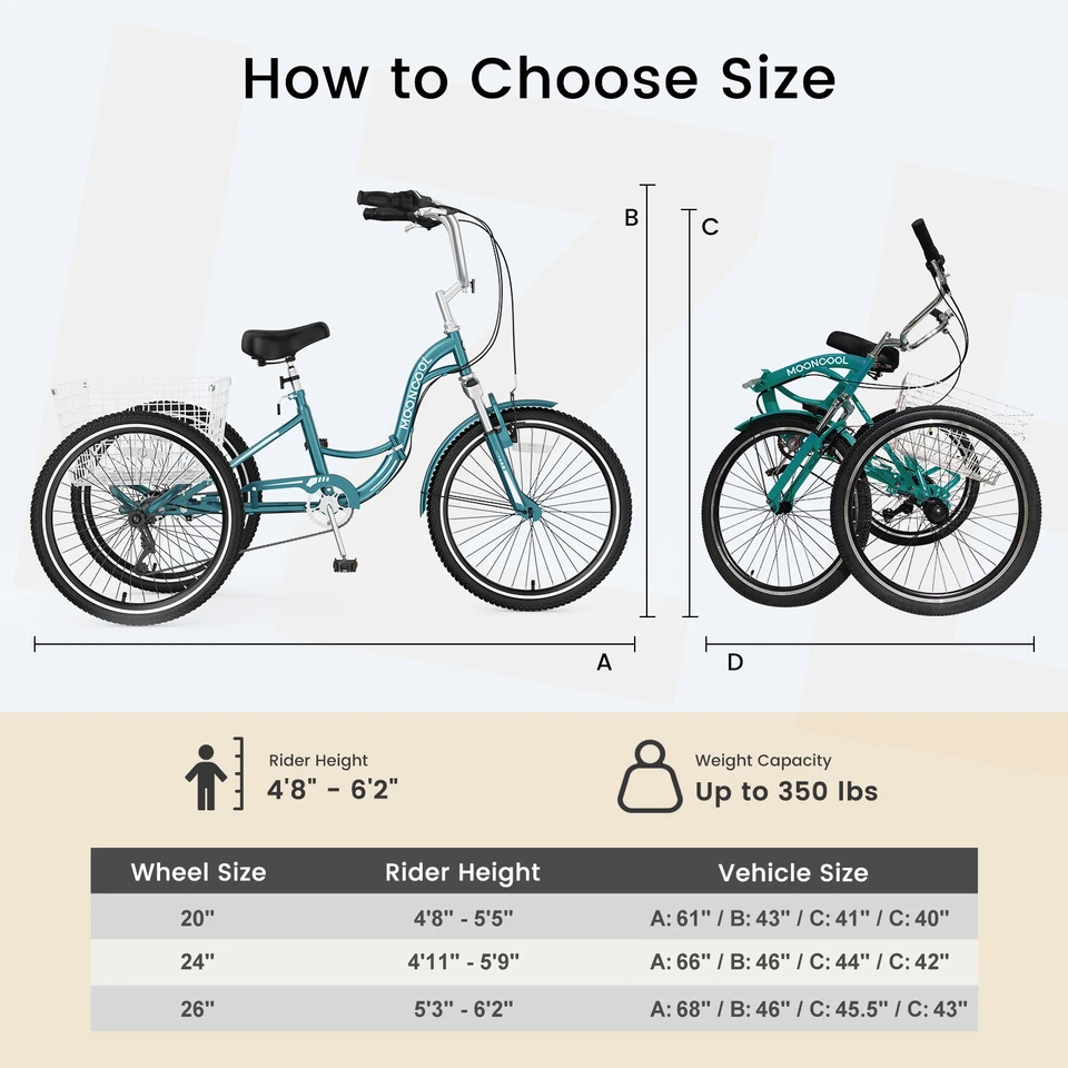 MOONCOOL Adults Folding Tricycle 7 Speed Tricycles 3 Wheel Bike Cruiser Trike - Image 2 of 4