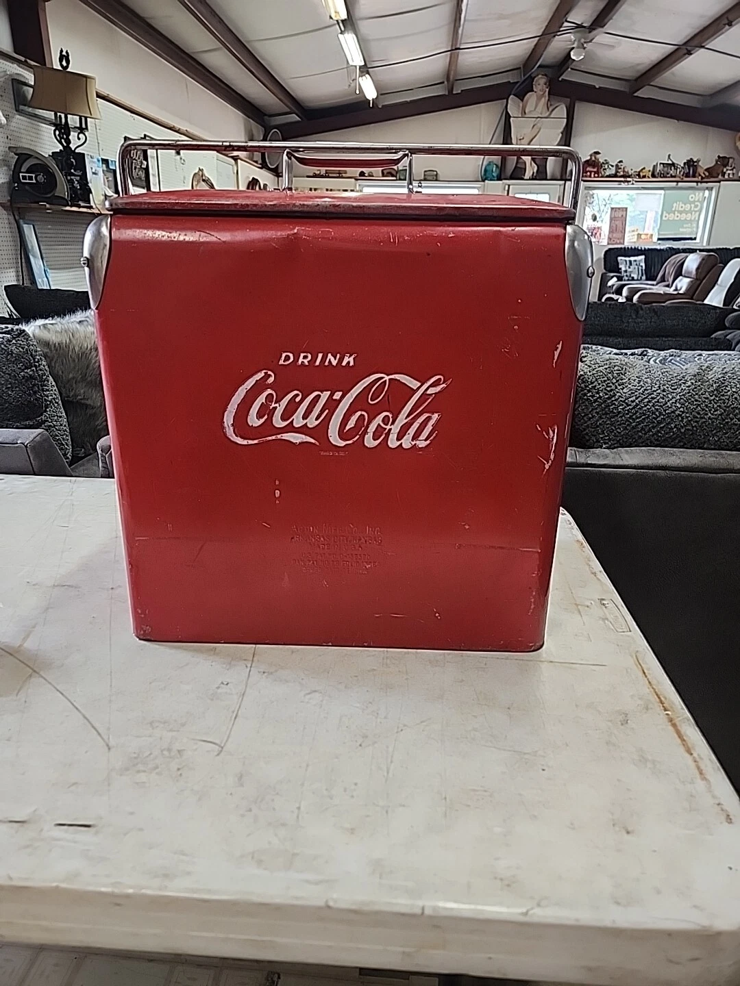 Vintage Coca Cola Metal Cooler Arkansas City KS. 17" x 17" x 12" with Tray