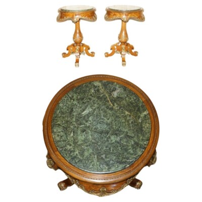 PAIR OF ANTIQUE FRENCH 1880 BURR WALNUT, GILT BRASS GREEN MARBLE SIDE END TABLES
