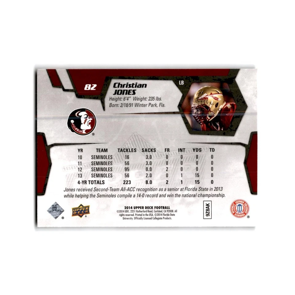 Christian Jones Rookie 2014 Upper Deck #82 Florida State Seminoles NM - Image 2 of 3