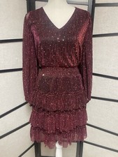 Vince Camuto V-Neck Long Sleeve Metallic A-Line Party Dress Women’s S Dark Wine