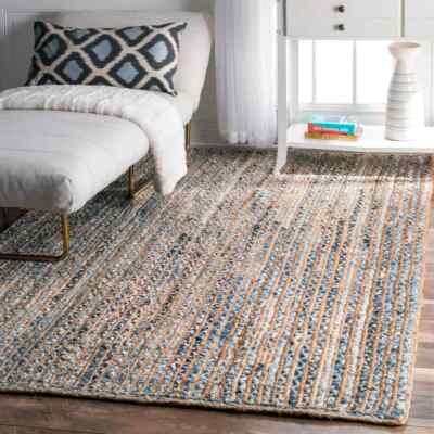 Rug Natural Denim Jute Braided Style Carpet Reversible Modern Rustic Look Rugs