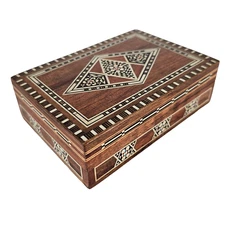 Vintage Moroccan Inlaid Marquetry Box Hardwood Ornate Geometric Khatam Style 5"
