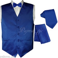 Royal Blue Solid Vest Waistcoat and Butterfly Bow Tie Neck tie Hanky Wedding