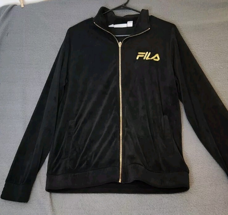 Felpa donna Fila Sport velluto nero felpa con cappuccio zip giacca misto cotone taglia S