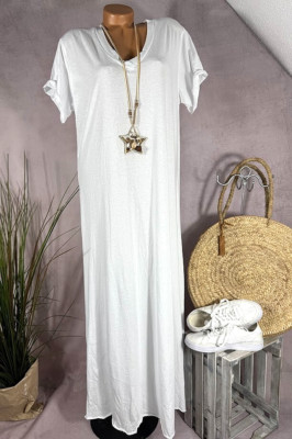 neu basic Maxi KLEID langes Jersey Tunika Italy Schlitze WEIß 38 40 42 44