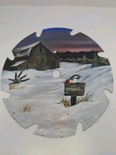Hand Painted Saw Blade Country Barn Winter Scene Bird Sunset 8" Signed Sherry M