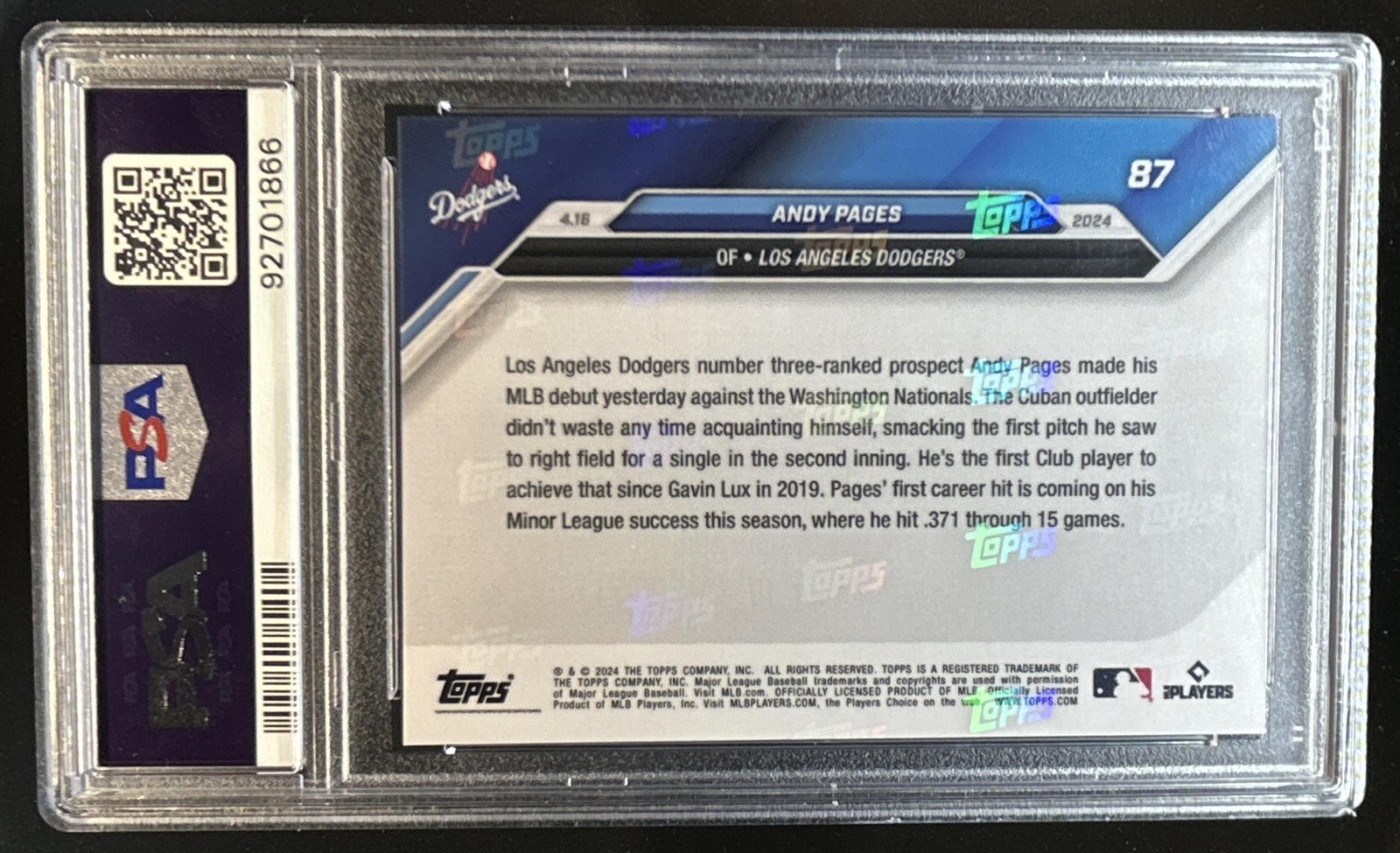 2024 Topps Now Andy Pages RC Rookie #87 Dodgers PSA 10 GEM MINT GEM MINT view 2