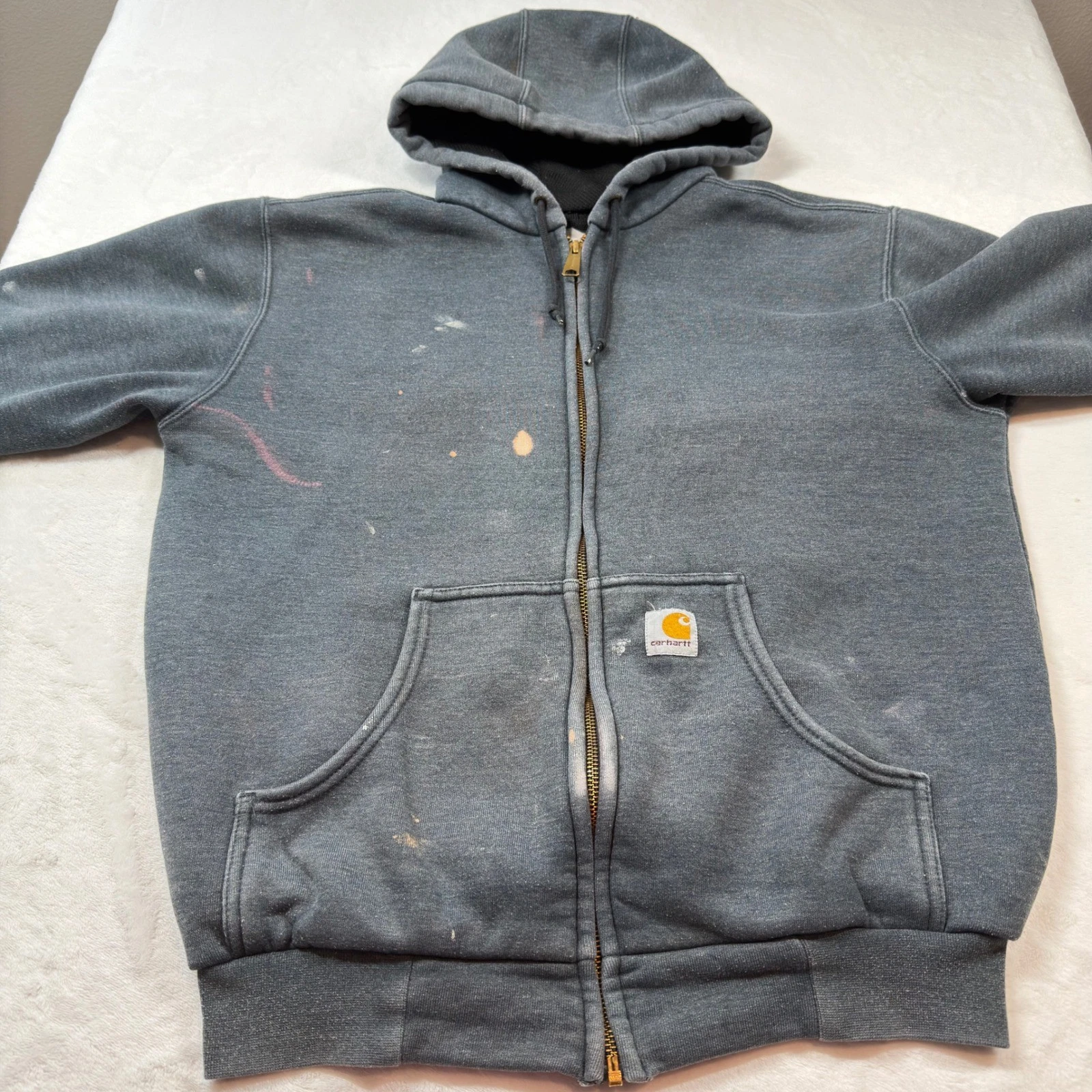 Carhartt Zip Up Hoodie Mens L Blue Good Distressed Paint Splatter Thermal Lined