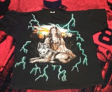 Vtg 90s XL American Thunder Native American Indian Wolf AOP Double Sided