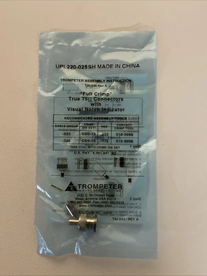 10× Trompeter UPL220-025SH BNC 75Ω Crimp Connectors – AT&T 734A Cable, Bulk Pack - Image 4 of 4