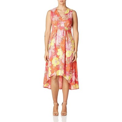 Ruby Rd Womens Floral V-Neck High-Low Midi Dress Pink Orange Yellow XL