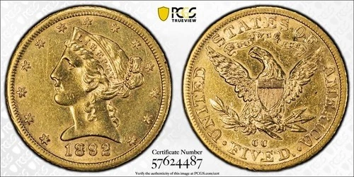 1892-CC Liberty Gold Half Eagle $5 PCGS AU Detail Cleaned #4487