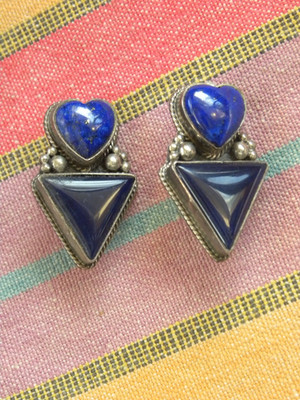 JUAN WILLIE LAPIS HEART STERLING SILVER CLIP ON EARRINGS  1-1/4''