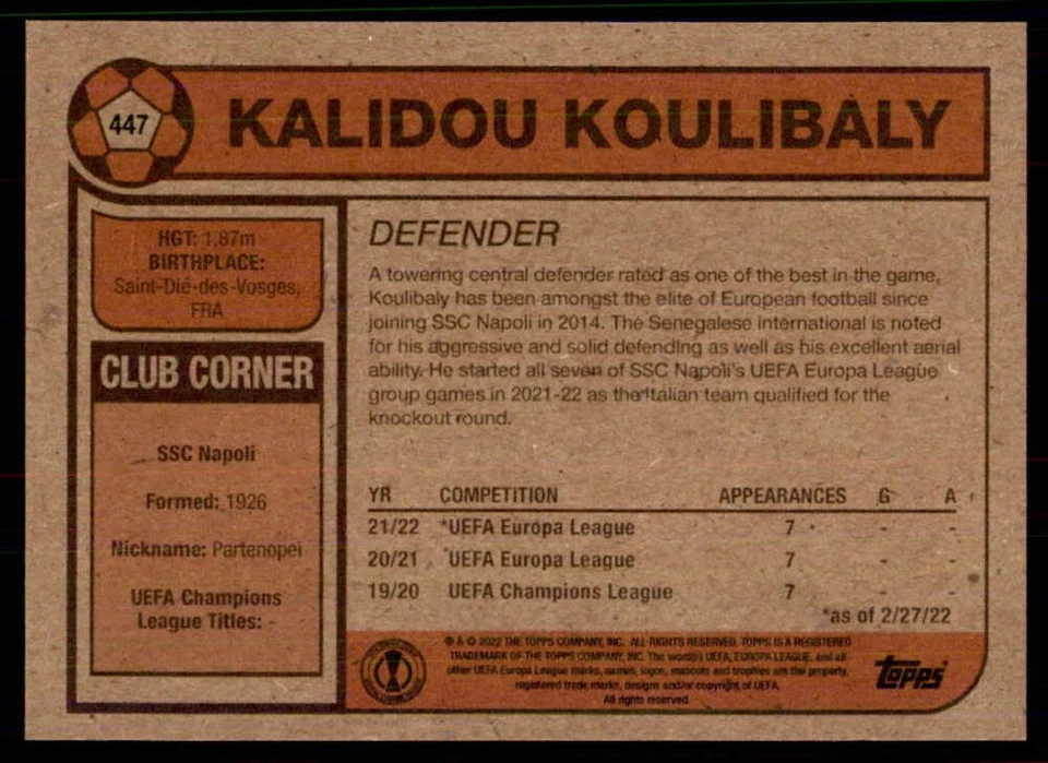 Kalidou Koulibaly 2022 Topps Living Set UEFA Champions League #447 - Image 2 of 2
