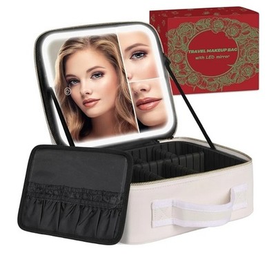 Travel Train Makeup Case w/ 3 Color LED Lighted Mirror Cosmetic Organizer Bag 