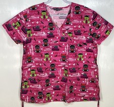 Halloween Scrub Top Womens size L large as measured Cats Bats Pink