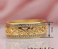 Yellow Gold Plated 8mm Filigree Band Ring Pavé Clear Crystals Size 8