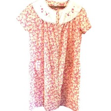 Vintage Pink K Butterfly Snap Front Duster Robe L Embroidered Collar Pockets