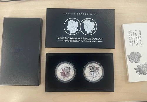 2023 REVERSE PROOF SILVER PEACE & MORGAN DOLLAR WITH BOX/COA***2 COIN SET