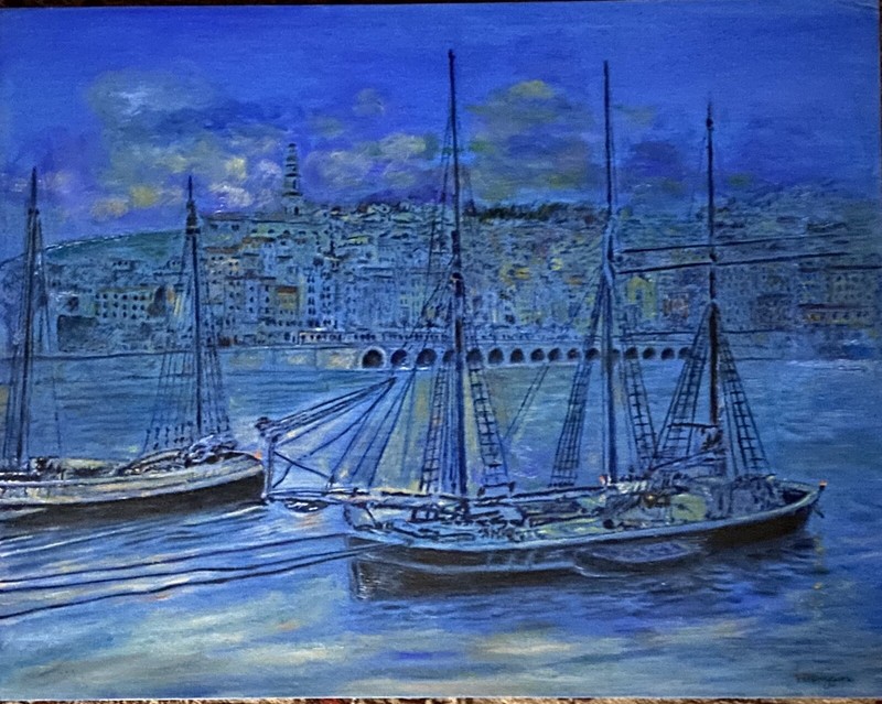 Earl Mayan painting of French Harbor Scene 