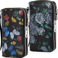 RFID Blocking Cell Phone Purse Wristlet Lady Leather Wallet Pouch Double Zip Bag