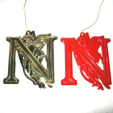 2 Vintage Metal Christmas Ornaments Large Letter N with Angel Gold-tone and Red