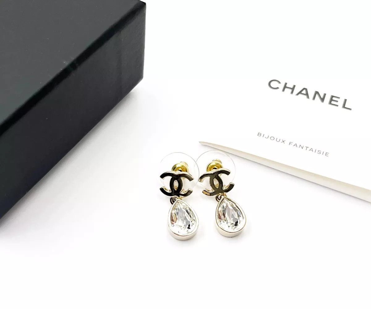 Chanel Gold CC Tear Drop Crystal Dangle Piercing Earrings