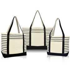 DALIX Stripe Tote Shoulder Bag Deluxe Cotton Canvas Set of 3