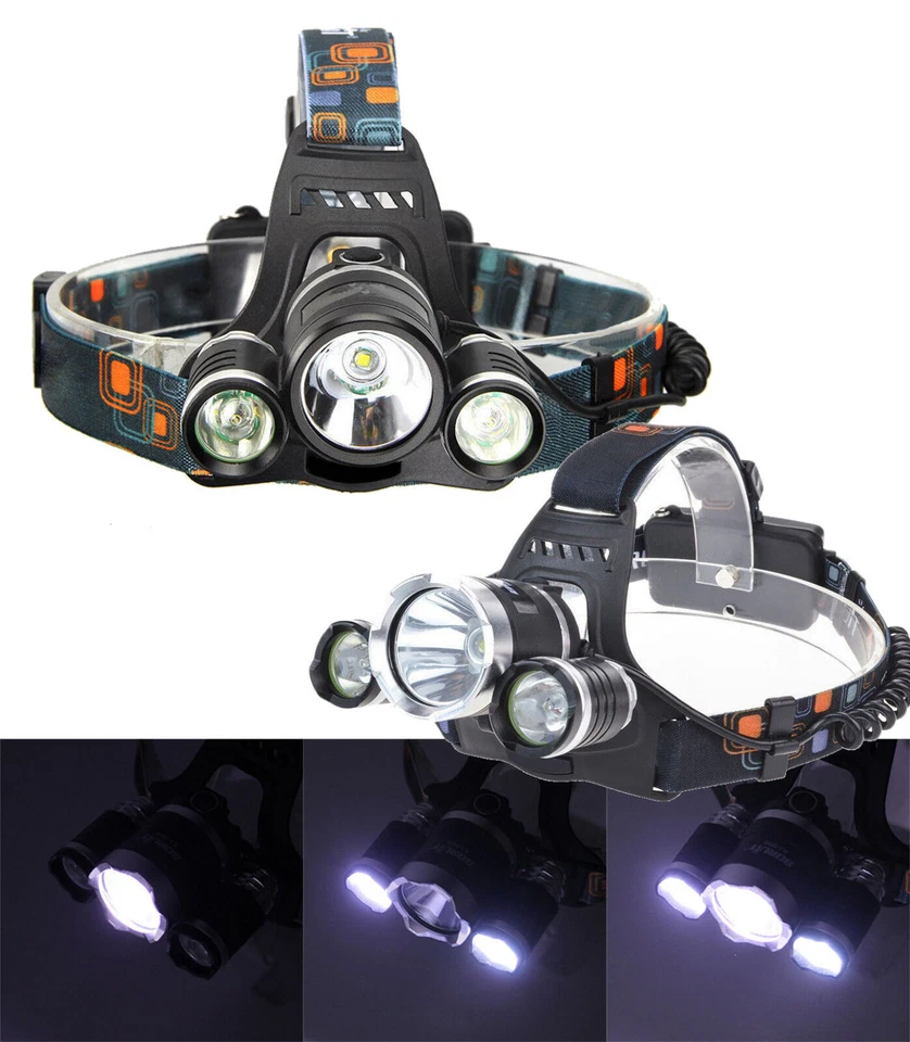 TORCIA LAMPADA FRONTALE LED RICARICABILE 3 LED 5000 LUMEN CREE T6 R5 RJ3000
