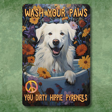 Superbe enseigne de bain Pyrénées Lavez vos pattes rétro salle de bain métal étain baignoire pour chien hippie