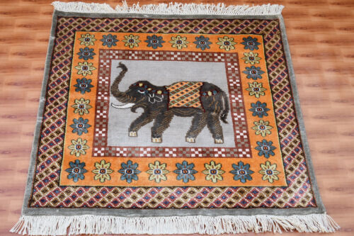 Silk Hand Knotted Home Decor Living room Oriental Carpet 3x3 ft Elephent Design - Picture 1 of 5
