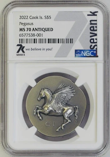 7k Metals Pegasus NGC MS70 Antiqued 2022 Cook Islands 1 oz .999 Silver Mint 999!