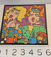 VTG Hand Painted Glazed Clay Art Tile Signed Dated MCM Vibrant Colors Grannycore