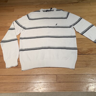 Nautica Sweater Men M White With Gray/blackStripes Cotton Lightweight Crew  Neck