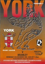 York v&nbsp;Bramley 13 Dec 1995 York RUGBY LEAGUE PROGRAMME