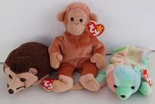 TY BEANIE BABY DOGS x3 ORIGINAL PRICKLES HEDGEHOG BONGO SAMMY TIE-DYE WITH TAGS