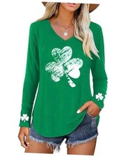 Women's St Patrick's Day T Shirts-Irish Lucky Shamrock Long Large Green-3