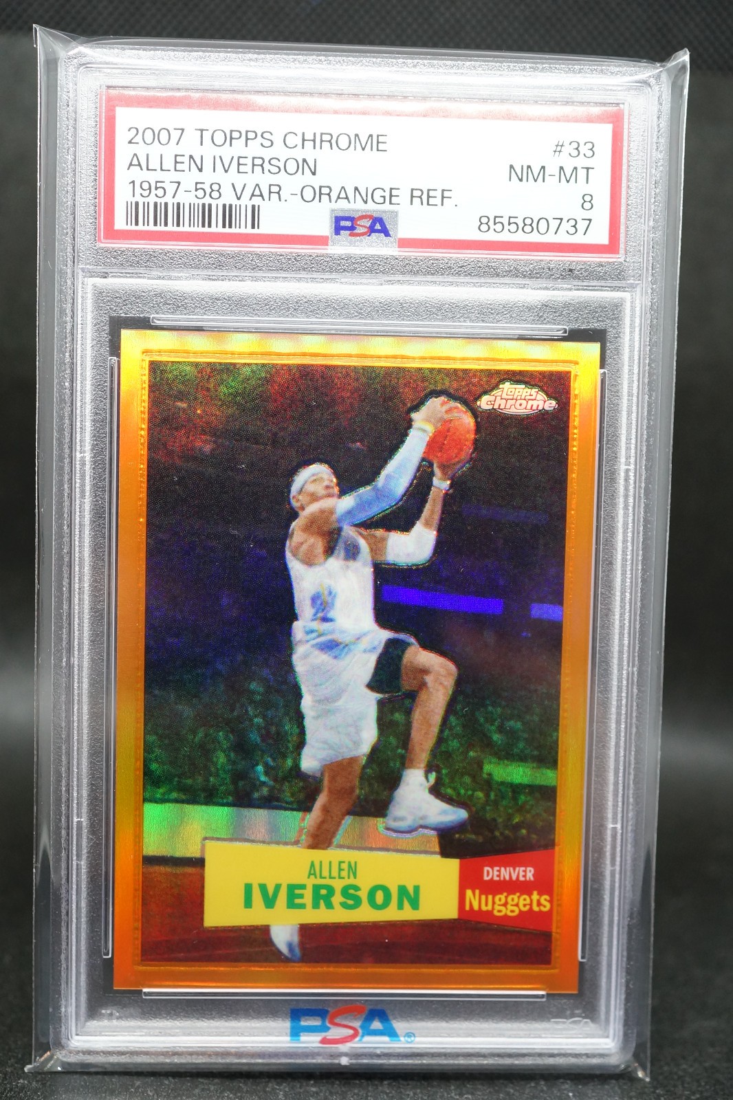 ALLEN IVERSON 2007-08 Topps CHROME 57-58 VAR Orange REFRACTOR 159/199 PSA 8