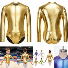 Girls Kids Dance Leotard Gymnastics One Piece Zipper Metallic Bodysuit Dancewear