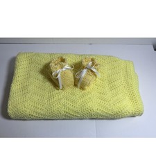 Handmade Crochet Baby Blanket and Knit Booties Set Pastel Yellow Chevron
