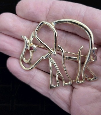 Vintage Large ELEPHANT Brooch Pin Gold Outline Open Work Tone Trunk Up