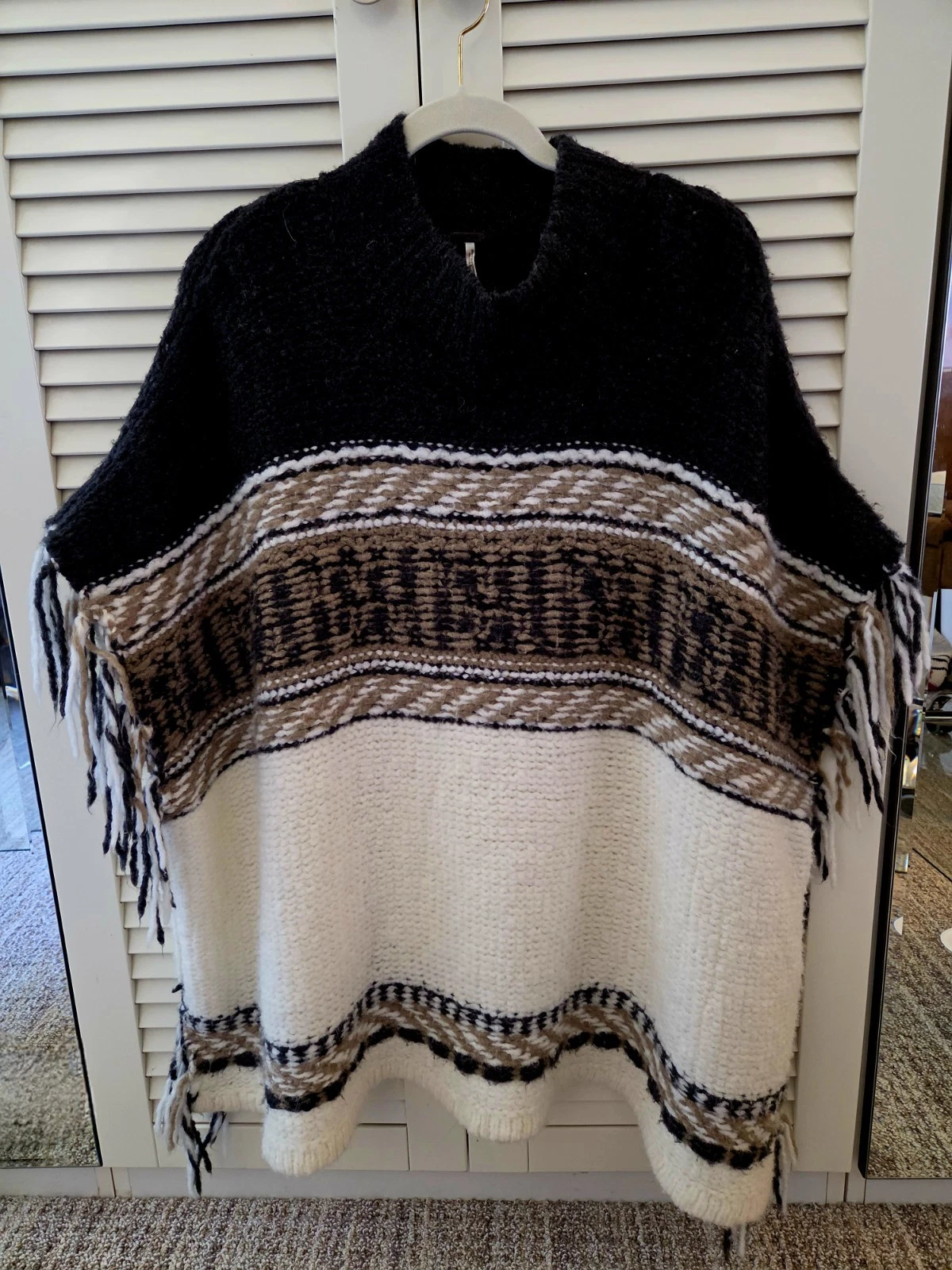 Free People Labyrinth Sweater Poncho XS S Oversized Fringe Boho Knit Cream Cozy