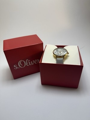 s.Oliver Damen Uhr Gold Floral Blumen Grau Leder Armband 3ATM Ref. 364334840