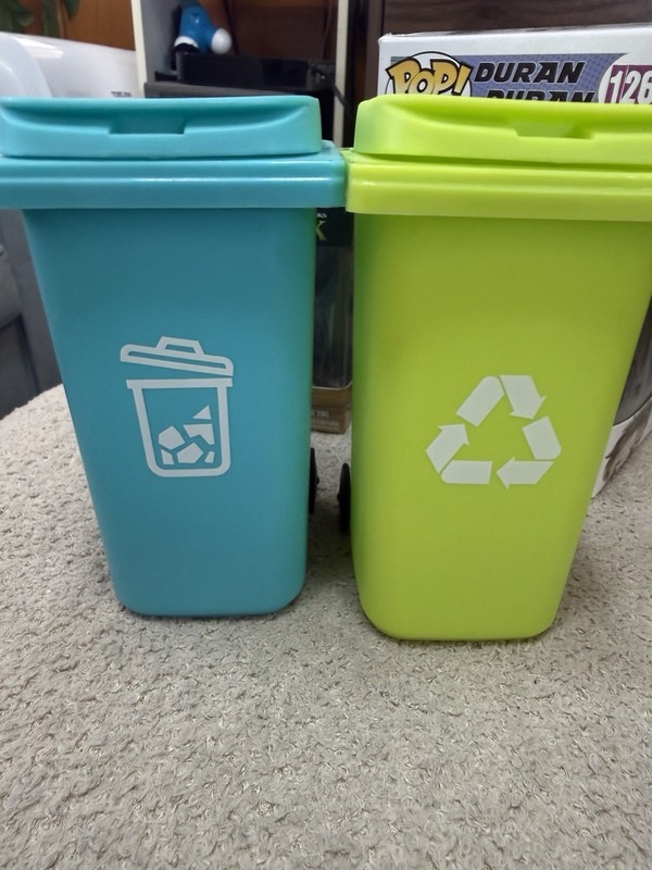 2 Small Plastic Recycling Bins w/ Lids Blue & Green Rectangular 10 in