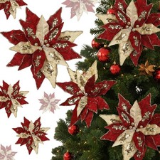 8 Pcs Velvet Christmas Glitter Poinsettia Flowers 12 Large Heads Artificial P...