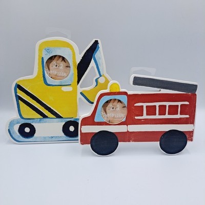 Colorful Construction Crane and Fire Truck Freestanding Photo Frames