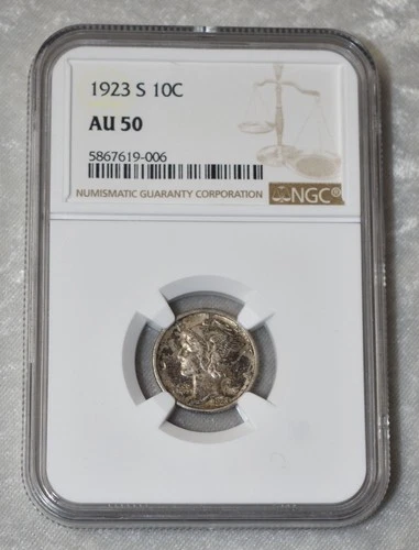 1923 S MERCURY DIME 90% SILVER CERTIFIED NGC AU 50 AU50 SAN FRANCISCO MINT COIN