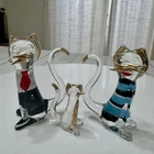 Vintage MCM Crystal Clear Murano Hand Blown Glass Cat Family Kitten Gold Accent