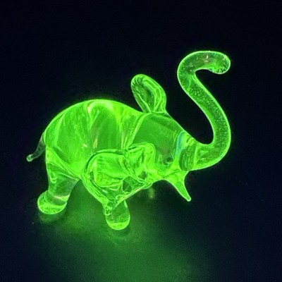 Handblown Uranium Glass Art Elephant Figurine UV Reactive Green Borosilicate Ion